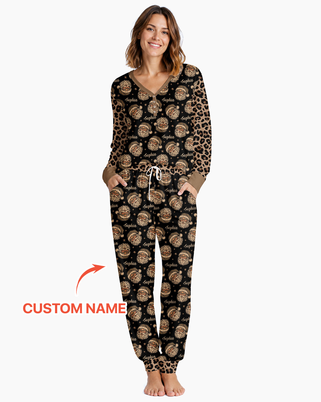 Custom Name Vintage Leopard Santa Bamboo Women Pajama Set