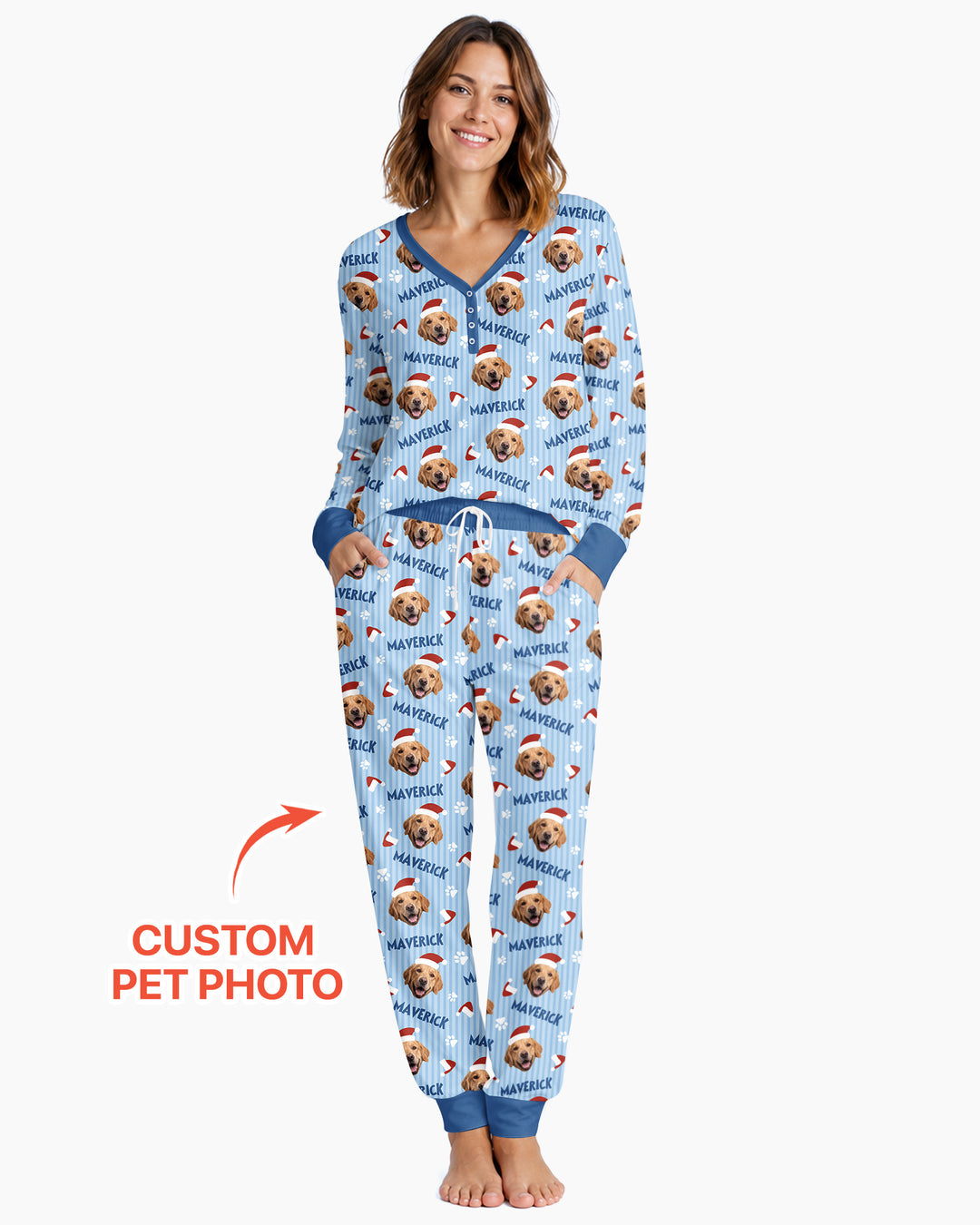Custom Pet Photo Christmas Paws Stripe Bamboo Women Pajama Set
