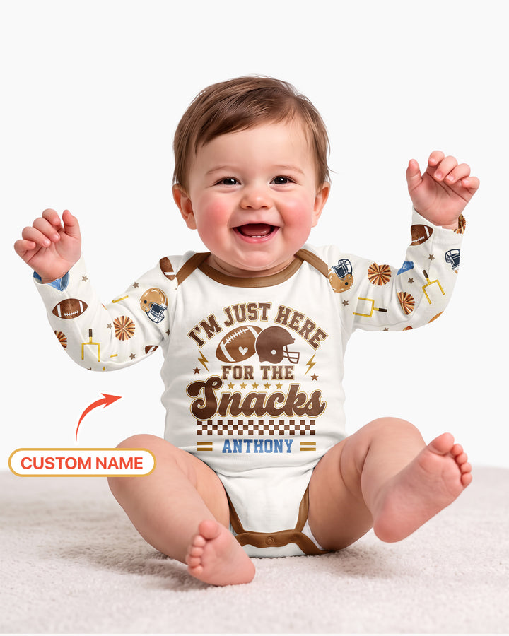 Custom Name Football I'm Just Here For The Snacks Bamboo Bodysuit