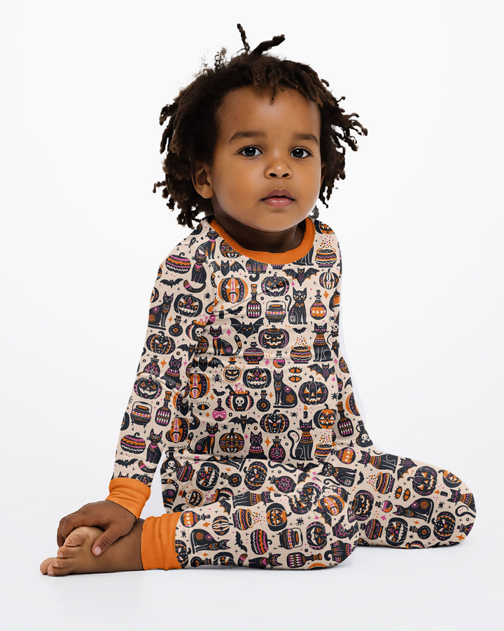 Whimsical Tribal Retro Halloween Black Cats Pumpkins Bamboo Two Piece Long Sleeve Pajama Set