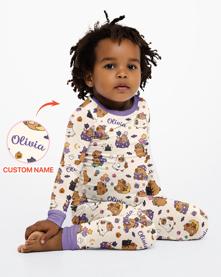 Custom Name Kawaii Halloween Capybara Bamboo Two Piece Long Sleeve Pajama Set