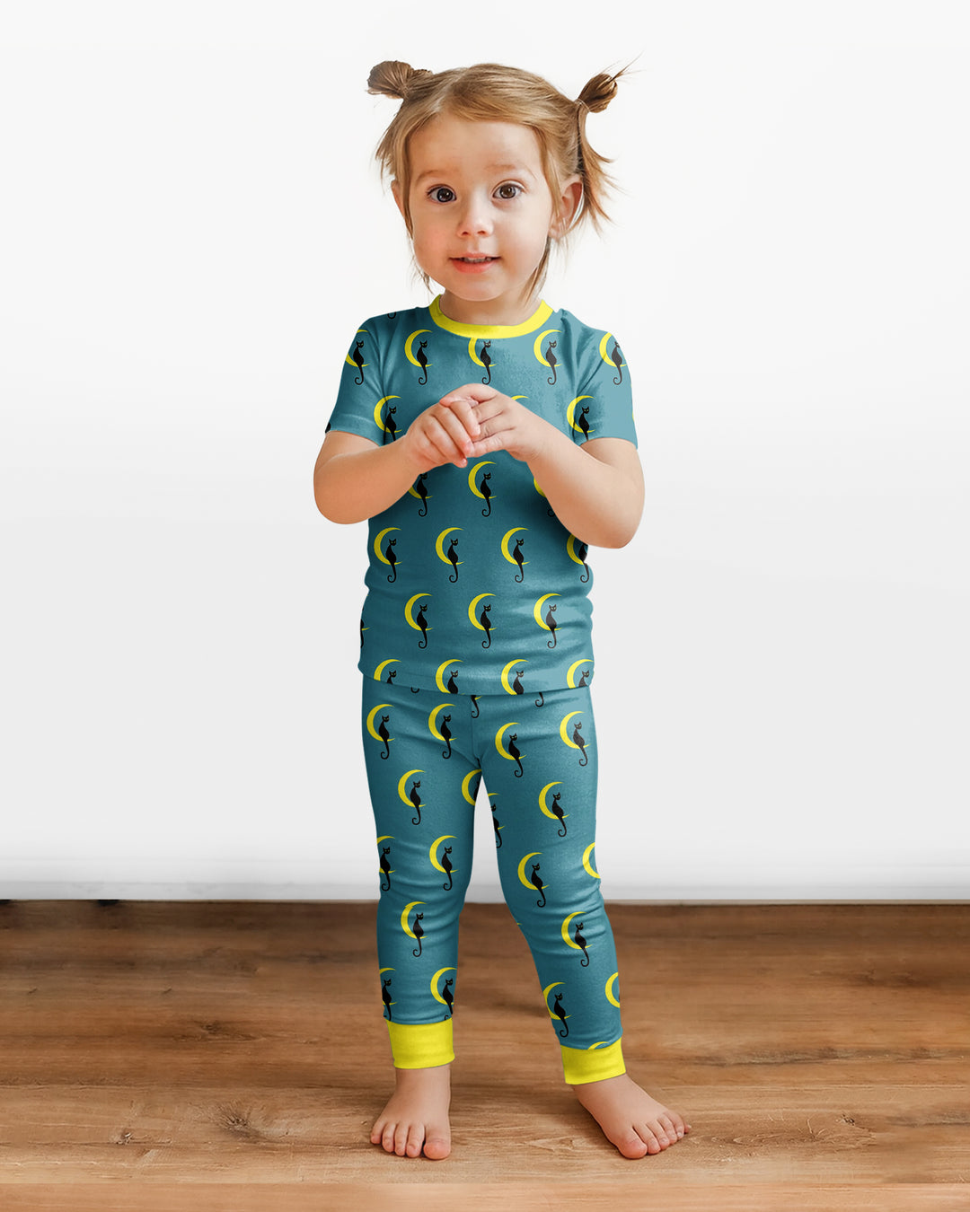 Black Cat Crescent Moon Celestial Night Bamboo Two Piece Short Sleeve Pajama Set