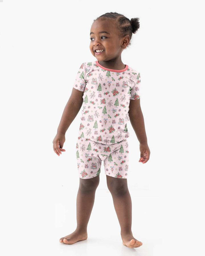 Watercolor Pink Christmas Holidays Christmas Tree Gifts Candy Cane Bamboo Two Piece Short Sleeve Shorts Pajama Set