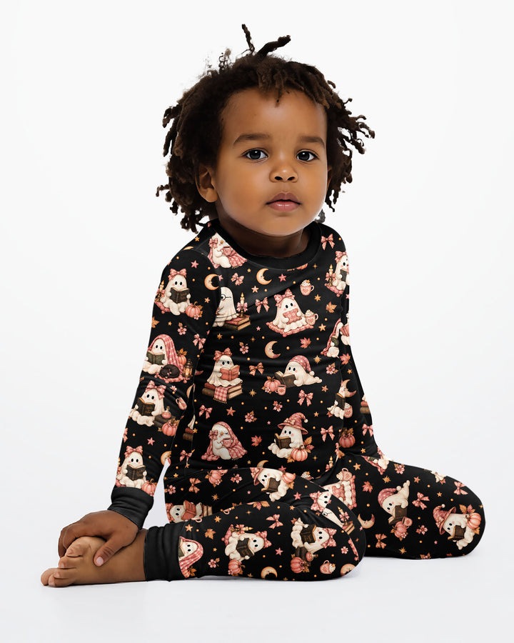 Coquette Bookish Ghost Halloween Bamboo Two Piece Long Sleeve Pajama Set