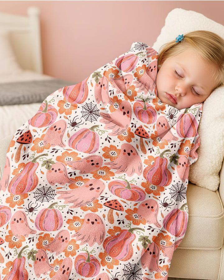 Pink Ghost Pumpkin Fall Floral Halloween Bamboo Blanket