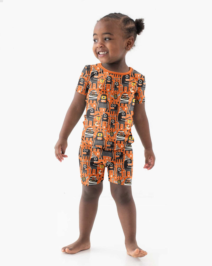 Mid Century Halloween Monster Toss Bamboo Two Piece Short Sleeve Shorts Pajama Set