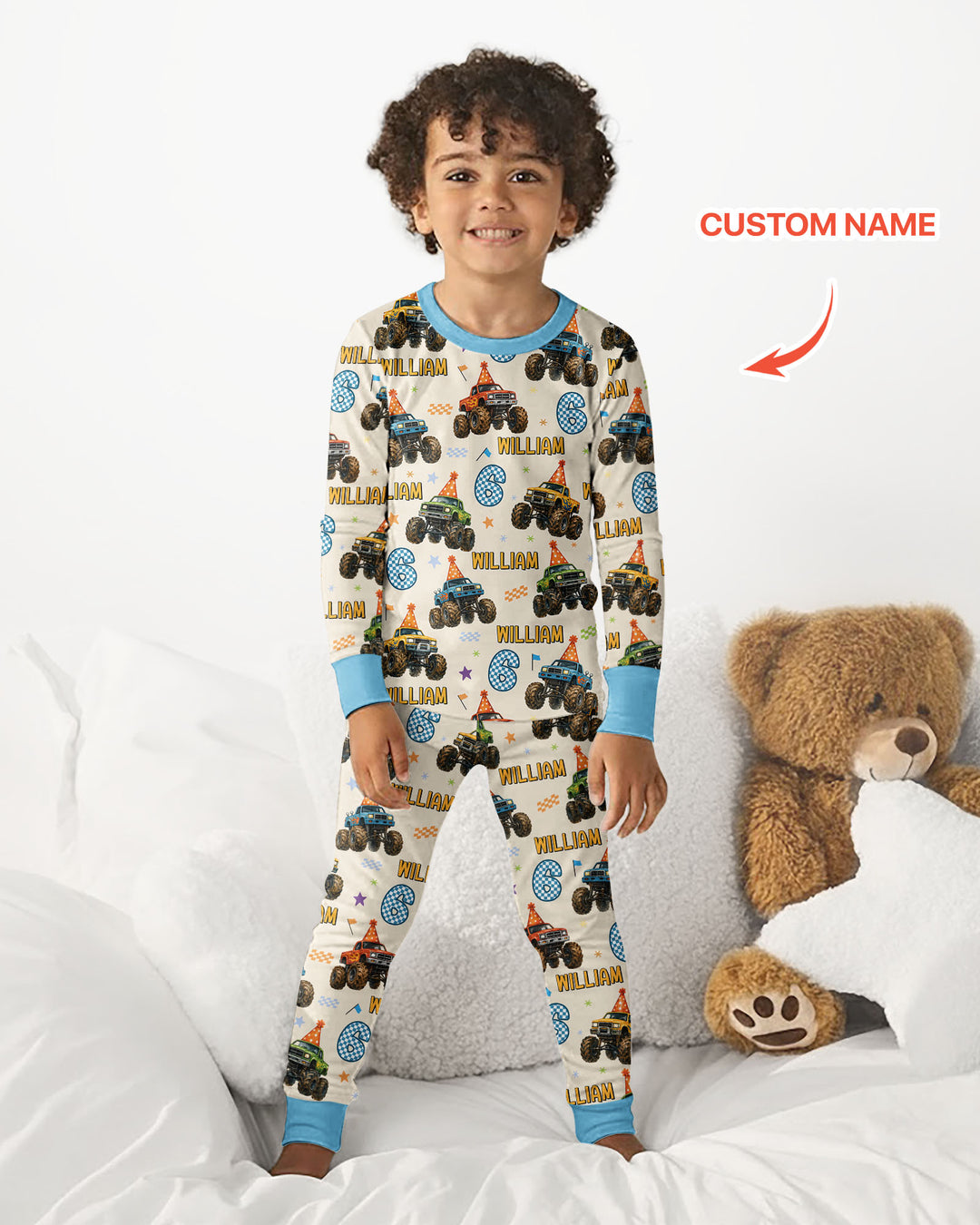 Custom Name Birthday Boy Monster Truck Bamboo Two Piece Long Sleeve Pajama Set