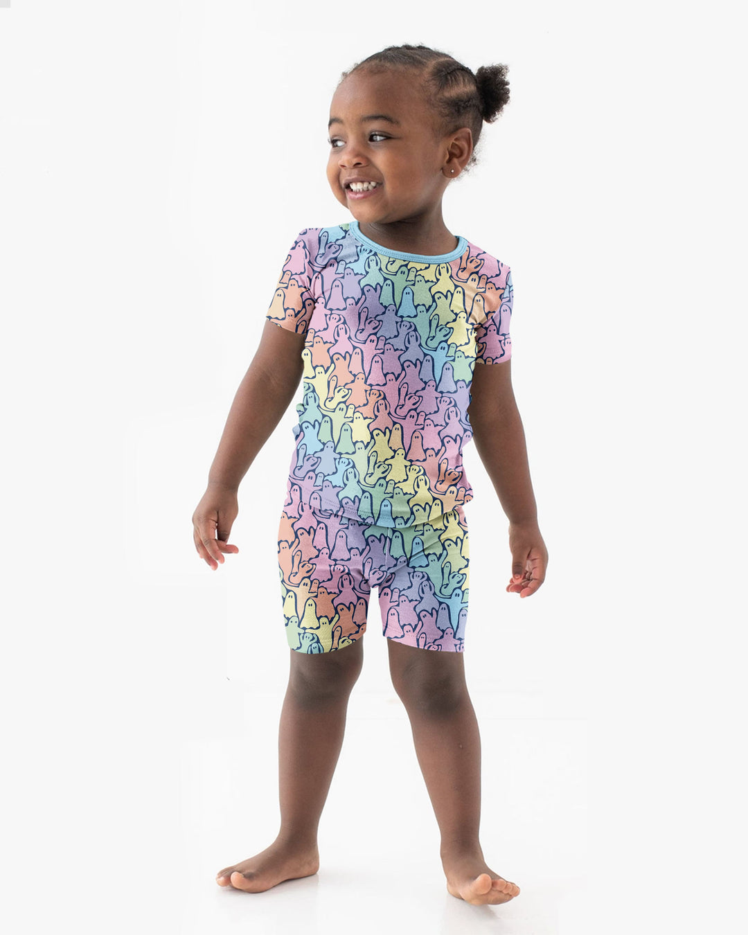 Pastel Rainbow Ghost Halloween Bamboo Two Piece Short Sleeve Shorts Pajama Set