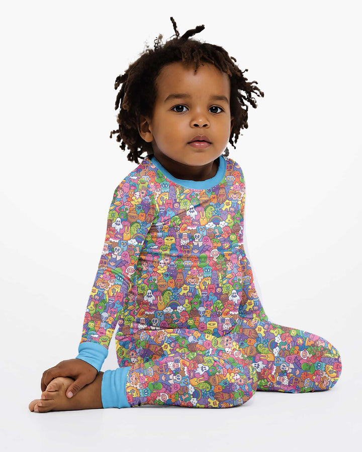 Doodle Characters Pastel Bamboo Two Piece Long Sleeve Pajama Set