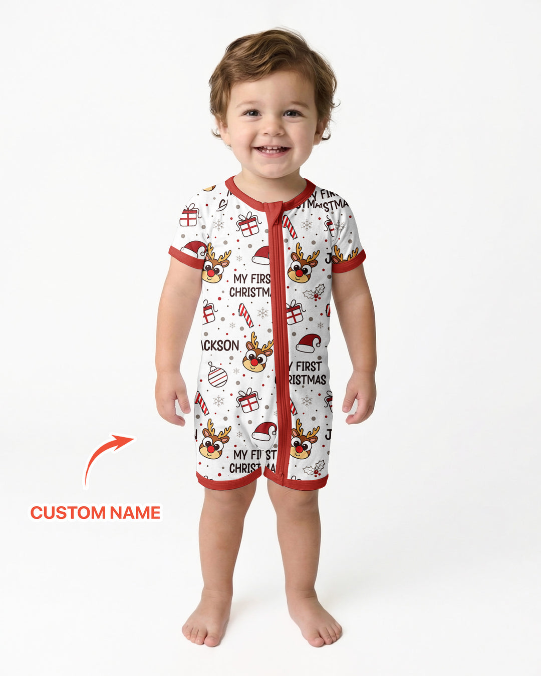 Custom Name Reindeer Doodle My First Christmas Bamboo Shorty Zippy
