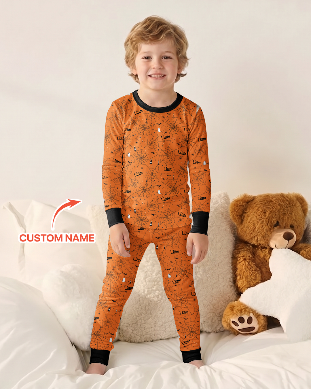 Spooky Spider Web Halloween Custom Name Bamboo Two Piece Long Sleeve Pajama Set