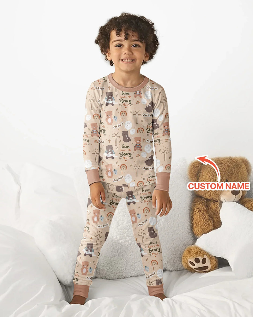 Custom Name Jesus Loves Me Beary Much Bamboo Two Piece Long Sleeve Pajama Set