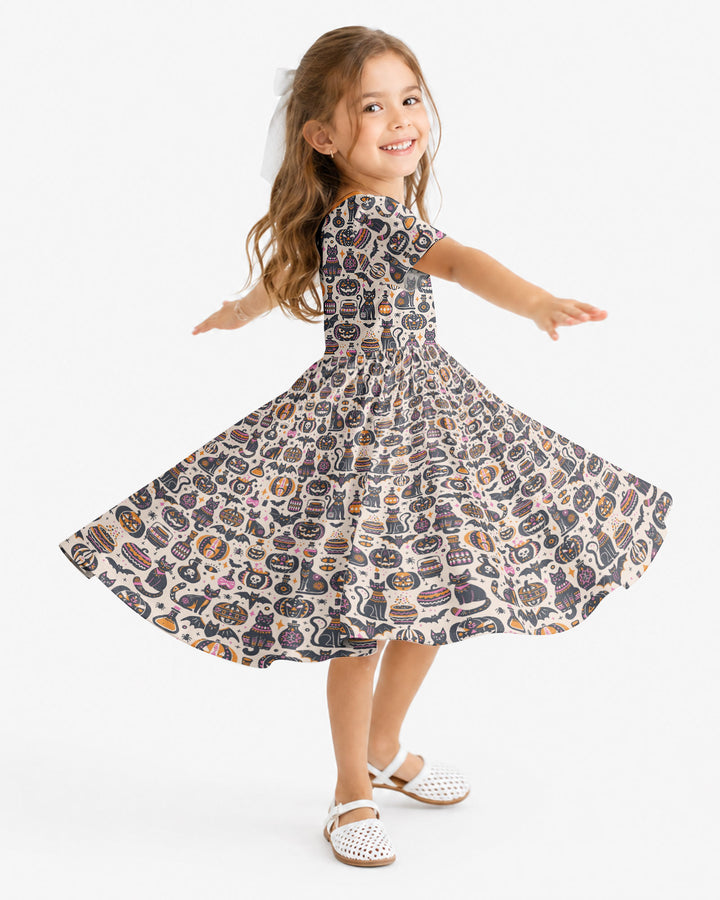 Whimsical Tribal Retro Halloween Black Cats Pumpkins Bamboo Twirl Dress