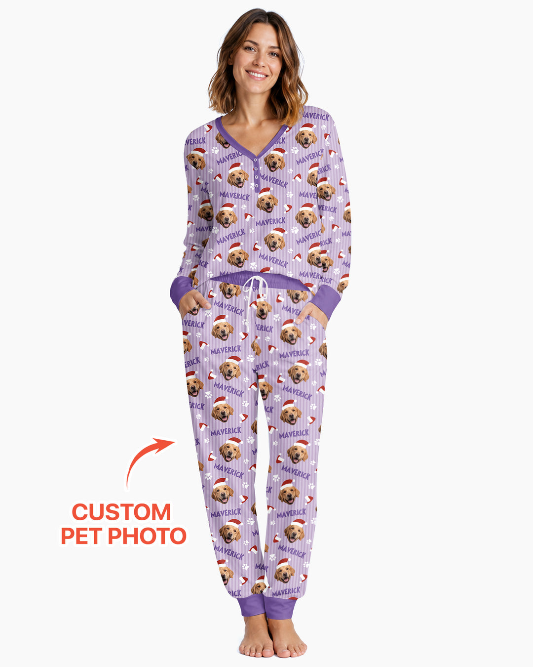 Custom Pet Photo Christmas Paws Stripe Bamboo Women Pajama Set