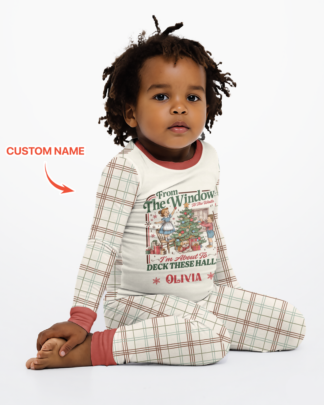 Custom Name Vintage Deck The Halls Bamboo Two Piece Long Sleeve Pajama Set