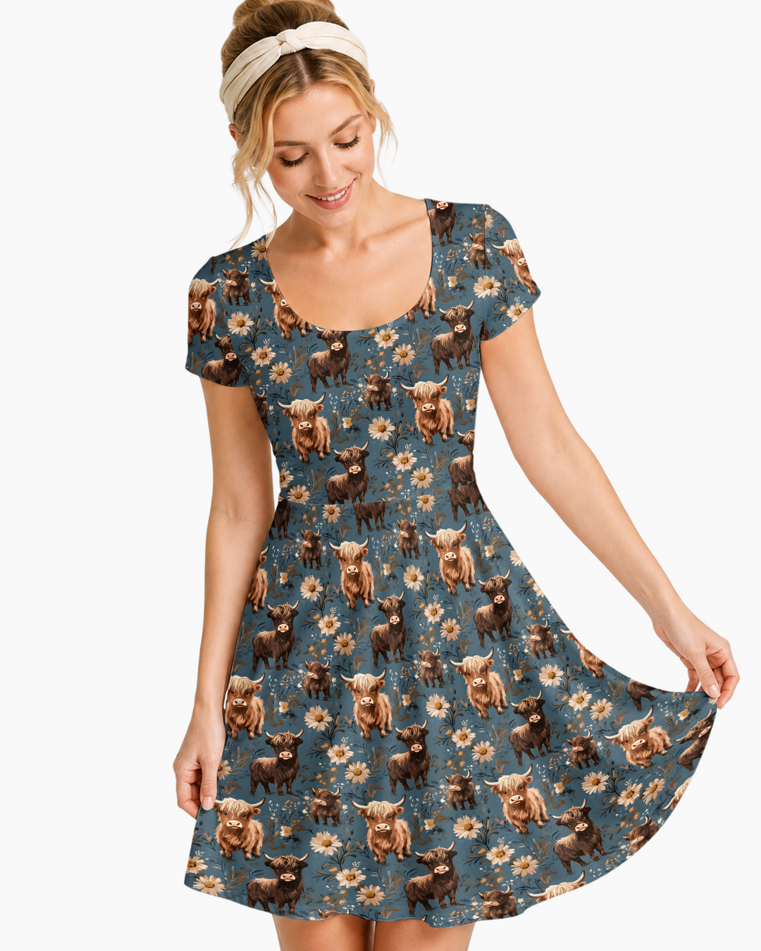 Majestic Highland Cows Family Matching  Bamboo Women’s Short Sleeve Twirl Dress