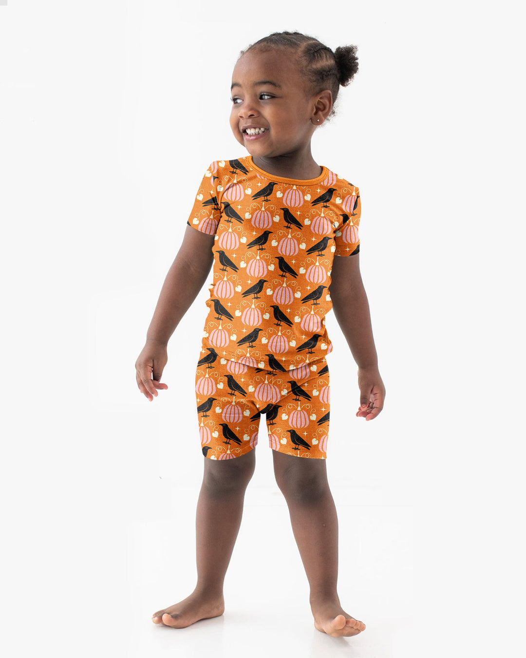 Ravens in a Pumpkin Patch - Orange Pink Bamboo Two Piece Short Sleeve Shorts Pajama Set