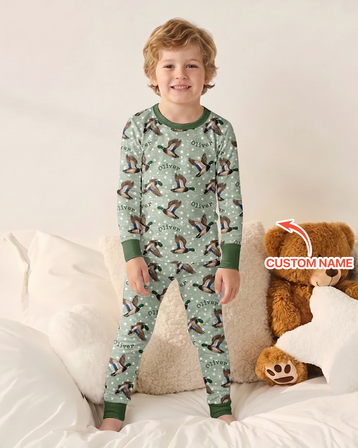 Custom Name Flying Mallard Duck Bamboo Two Piece Long Sleeve Pajama Set