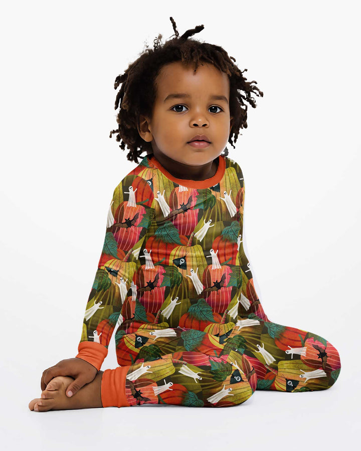 Big Pumpkin Field With Ghosts Bamboo Two Piece Long Sleeve Pajama Set