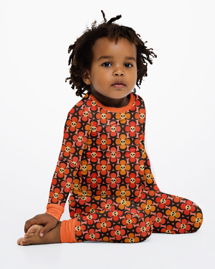 Retro Skull Flower Halloween Bamboo Two Piece Long Sleeve Pajama Set