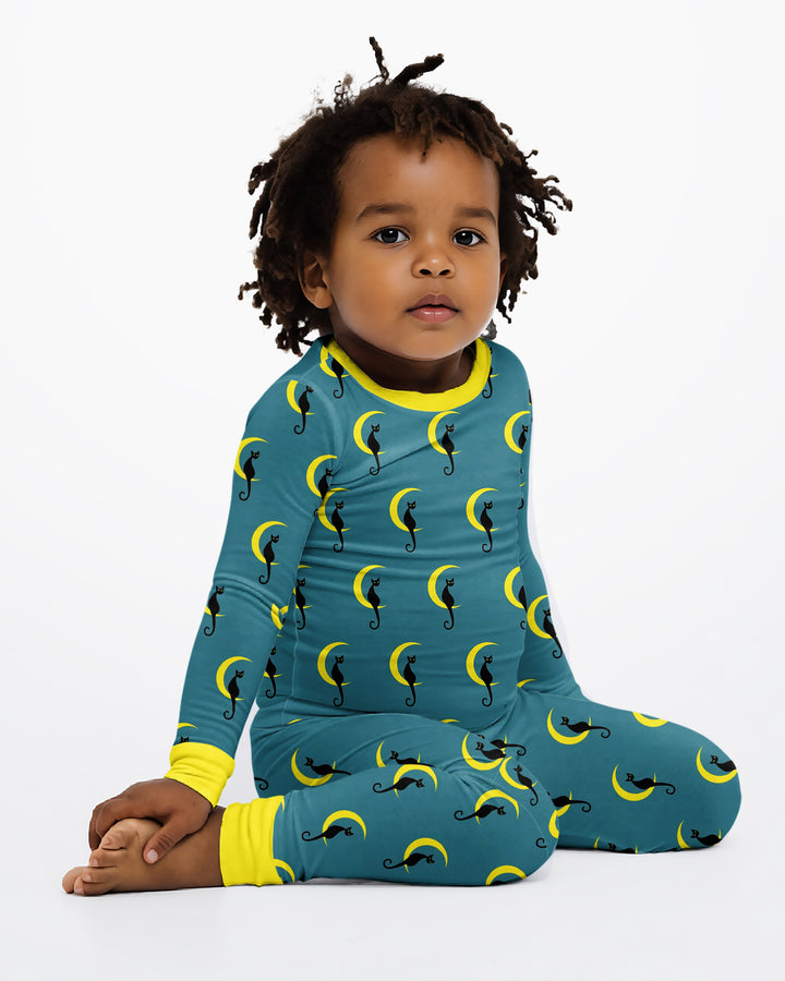 Black Cat Crescent Moon Celestial Night Bamboo Two Piece Long Sleeve Pajama Set