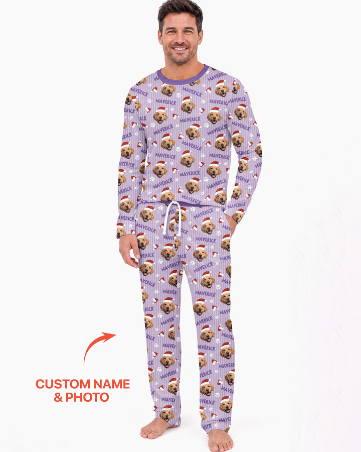 Custom Pet Photo Christmas Paws Stripe Bamboo Men's Pajama Set