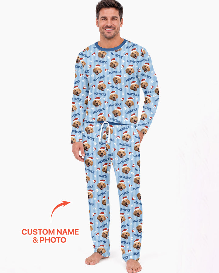 Custom Pet Photo Christmas Paws Stripe Bamboo Men's Pajama Set