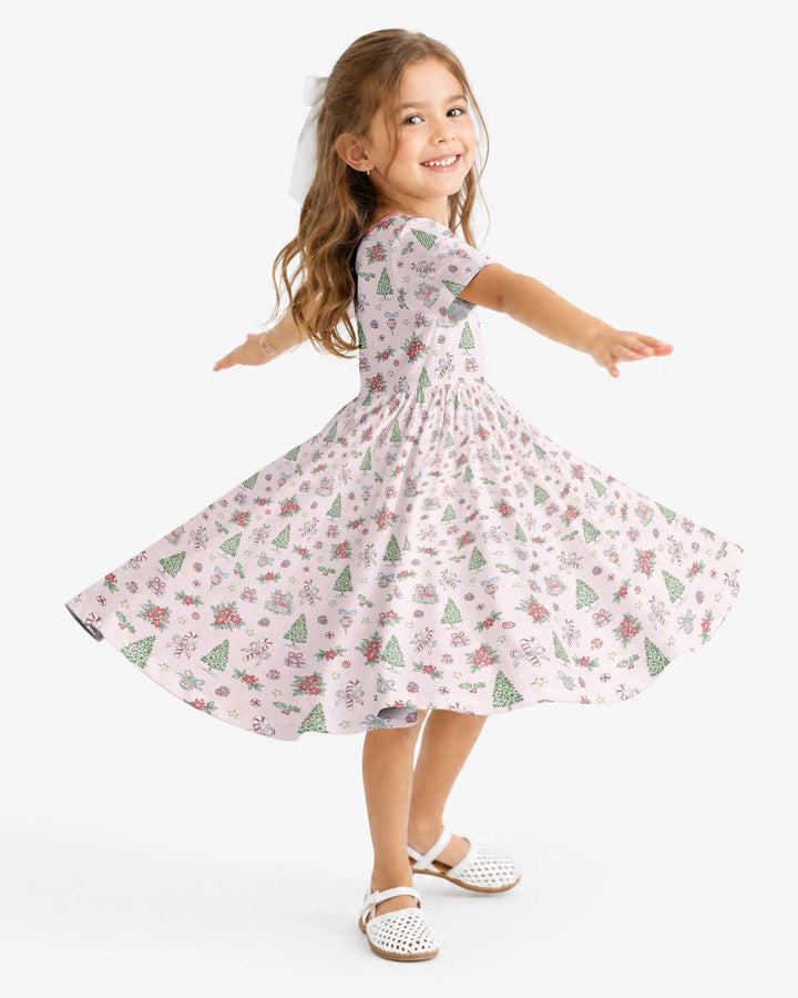 Watercolor Pink Christmas Holidays Christmas Tree Gifts Candy Cane Bamboo Twirl Dress
