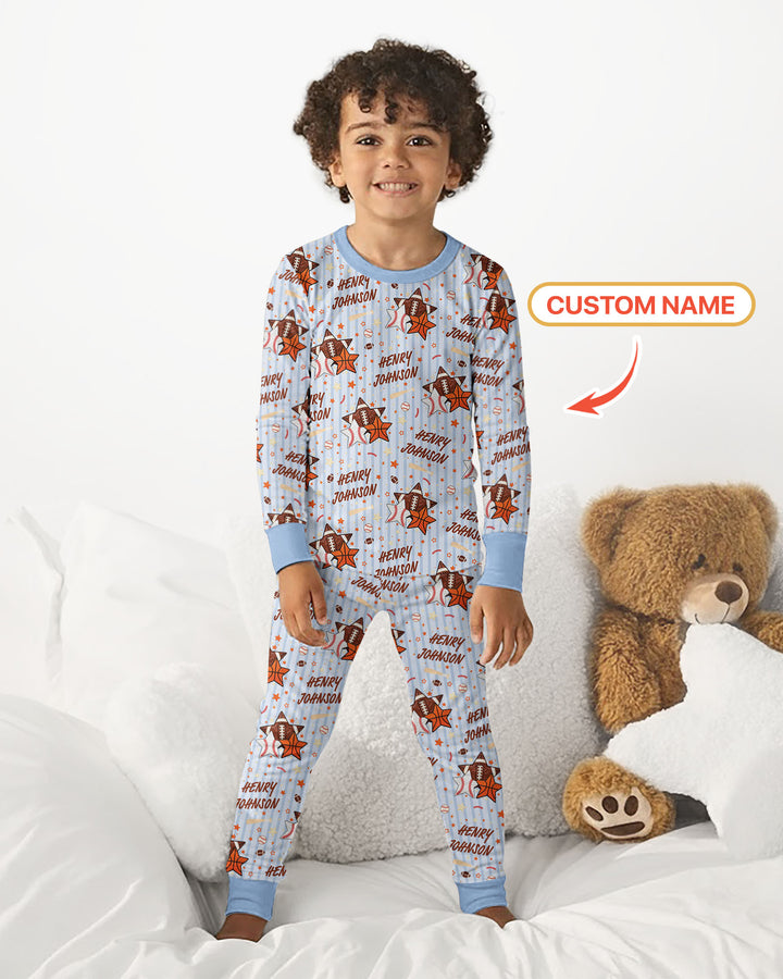 Sport Balls Custom Name Bamboo Two Piece Long Sleeve Pajama Set