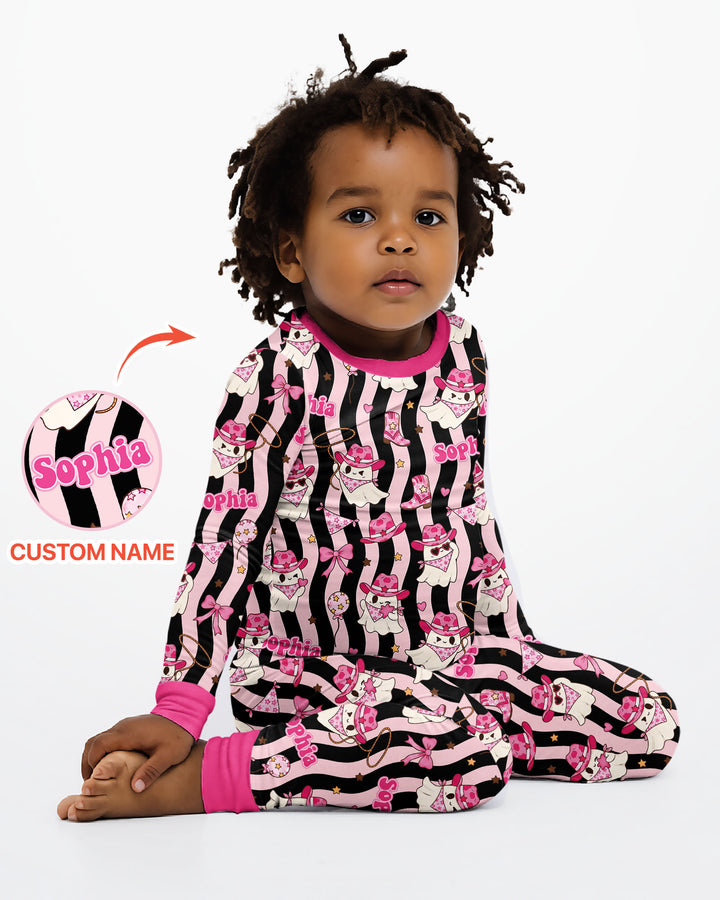 Pink Cowgirl Ghost Halloween Bamboo Two Piece Long Sleeve Pajama Set