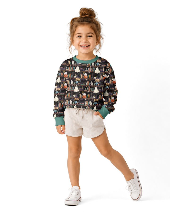Cute Ghost Witchy Halloween Magic Library Bamboo Crewneck Sweatshirt