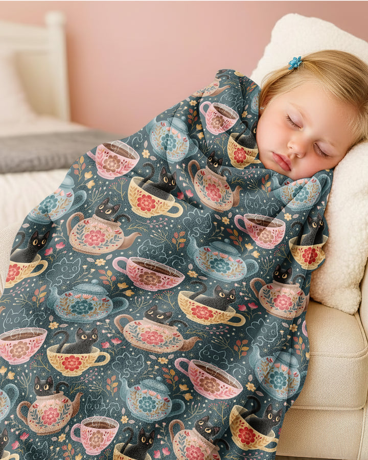 Folk Floral Black Cat Tea Party Bamboo Blanket