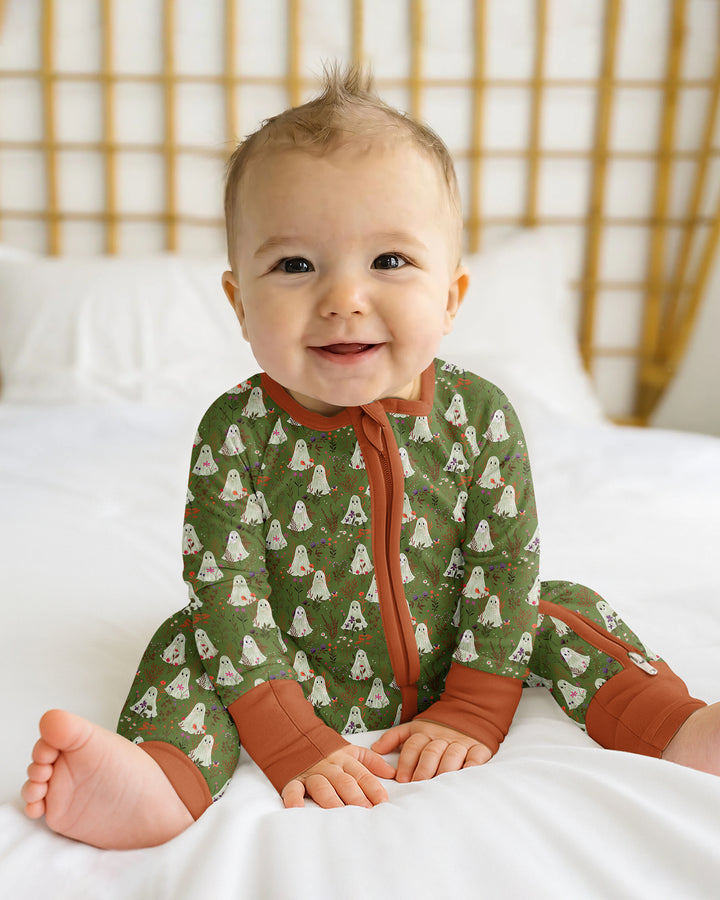 Cute Ghost Halloween Moss Green Floral Bamboo Convertible Zippy