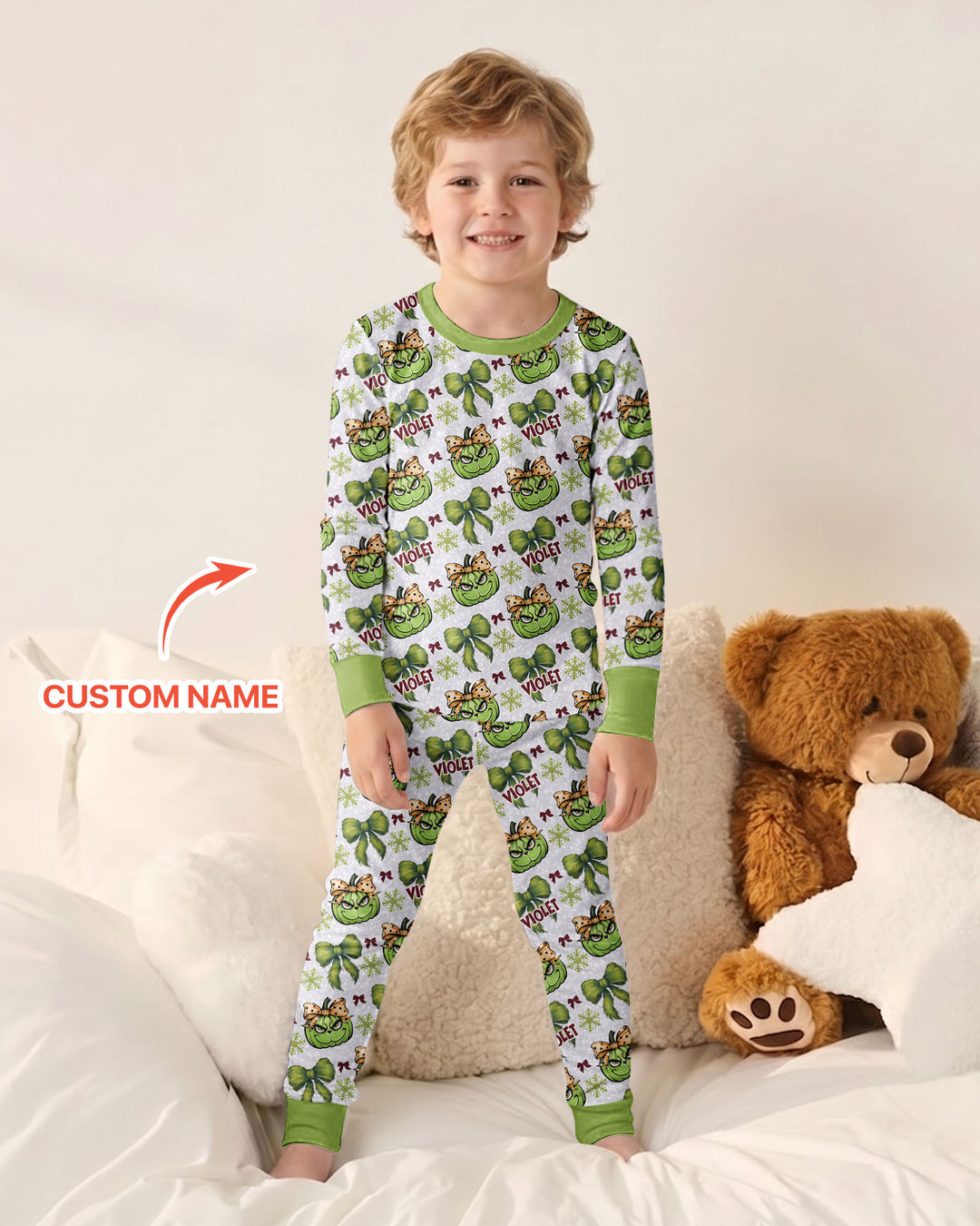 Custom Name Grumpy Green Christmas Bamboo Two Piece Long Sleeve Pajama Set
