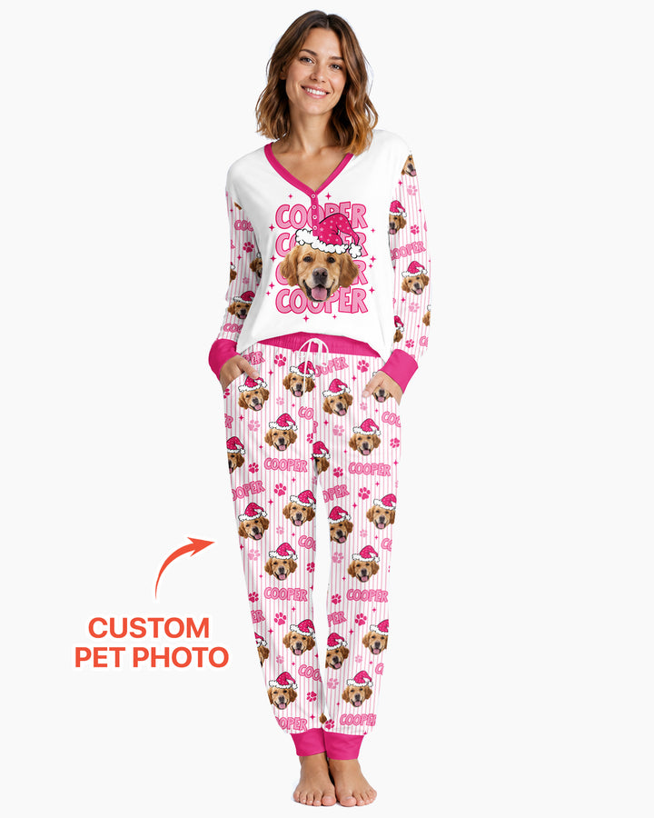 Personalized Pink Santa Dog Bamboo Women Pajama Set