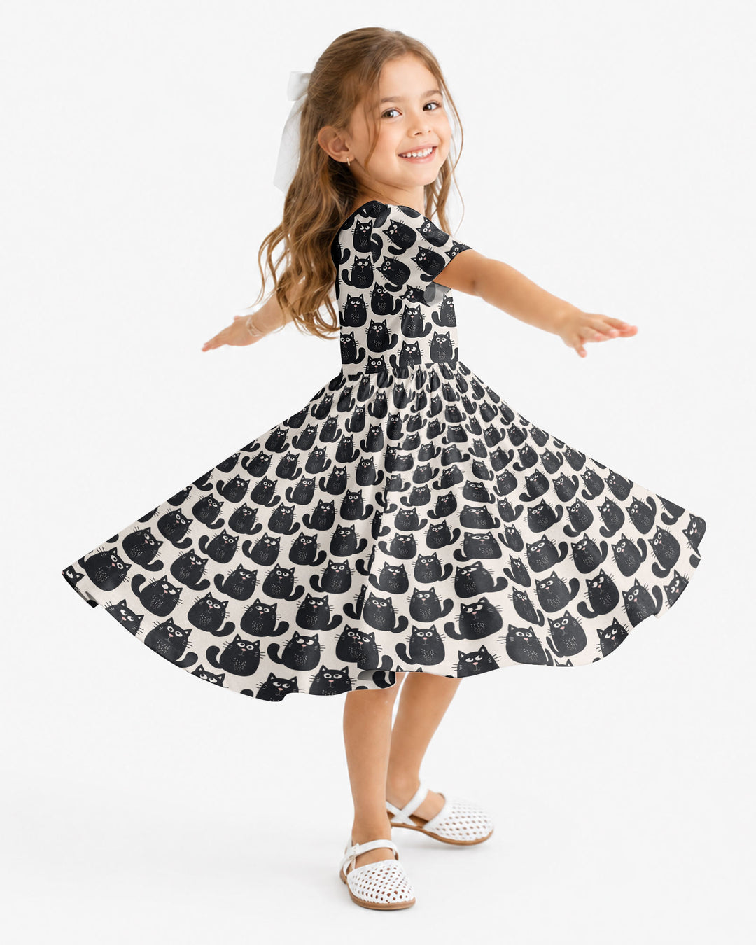 Moody Black Cats in Black and White Bamboo Twirl Dress