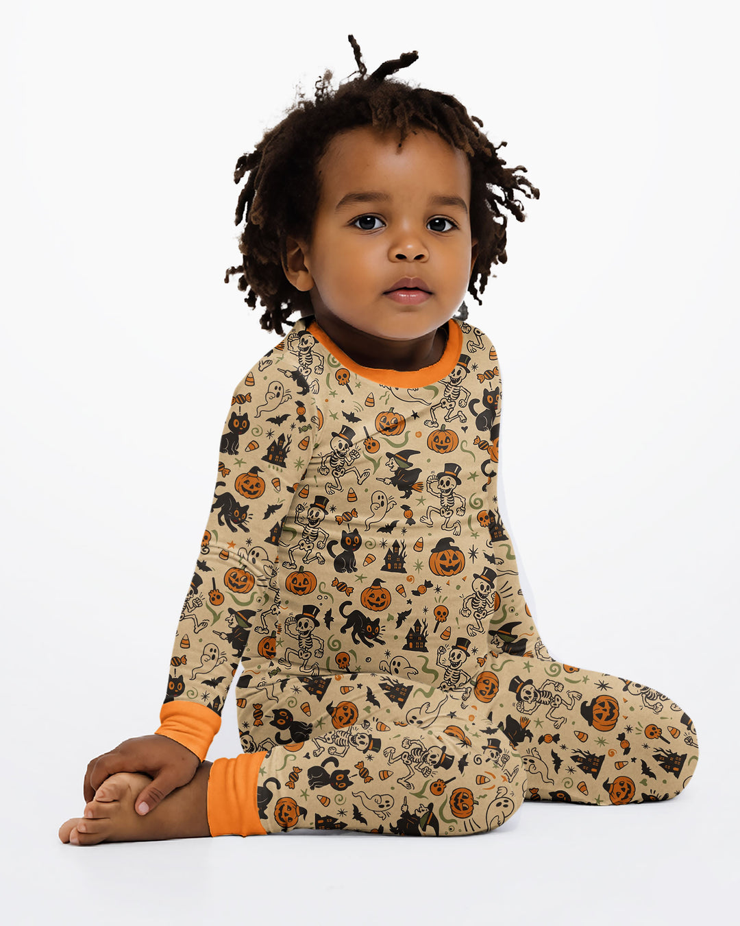 Vintage Skeleton Pumpkin Halloween Bamboo Two Piece Long Sleeve Pajama Set