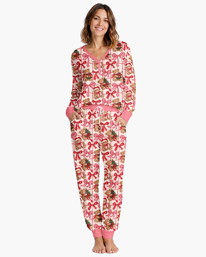 Pink Christmas Teddy Bear Plaid Mommy & Me Matching Bamboo Women Pajama Set