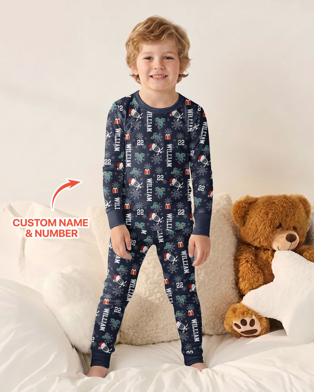 Custom Name Hockey Holiday Bamboo Two Piece Long Sleeve Pajama Set