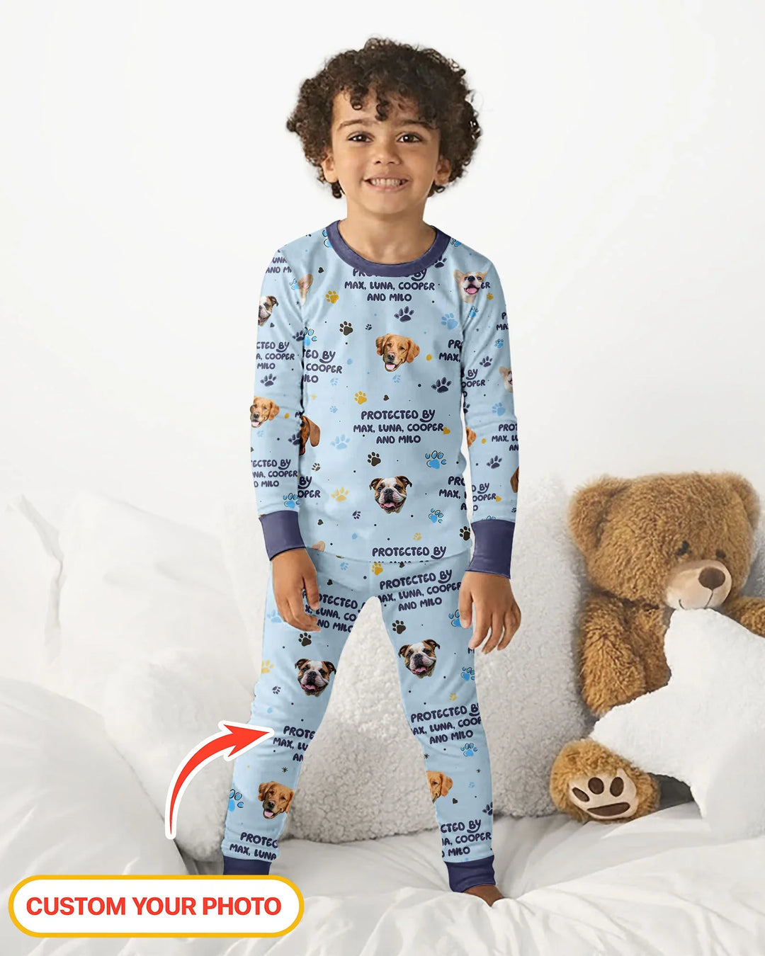 Custom Dog Photos "Protected By" Pawfect Blue Bamboo Two Piece Long Sleeve Pajama Set