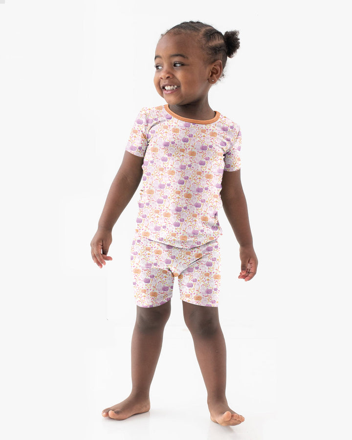 Pastel Pumpkins and Ghosts Bamboo Two Piece Short Sleeve Shorts Pajama Set