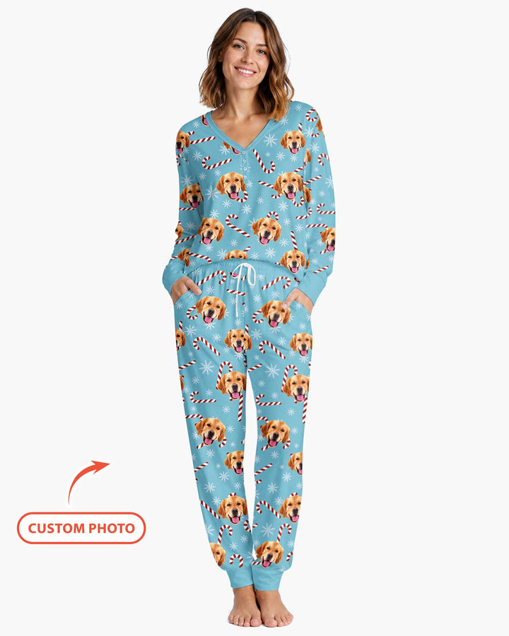 Custom Photo With Christmas Pattern Pajamas Bamboo Women Pajama Set