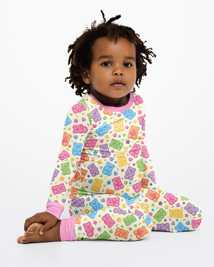 Cute Pastel Colorful Gummy Bears Bamboo Two Piece Long Sleeve Pajama Set
