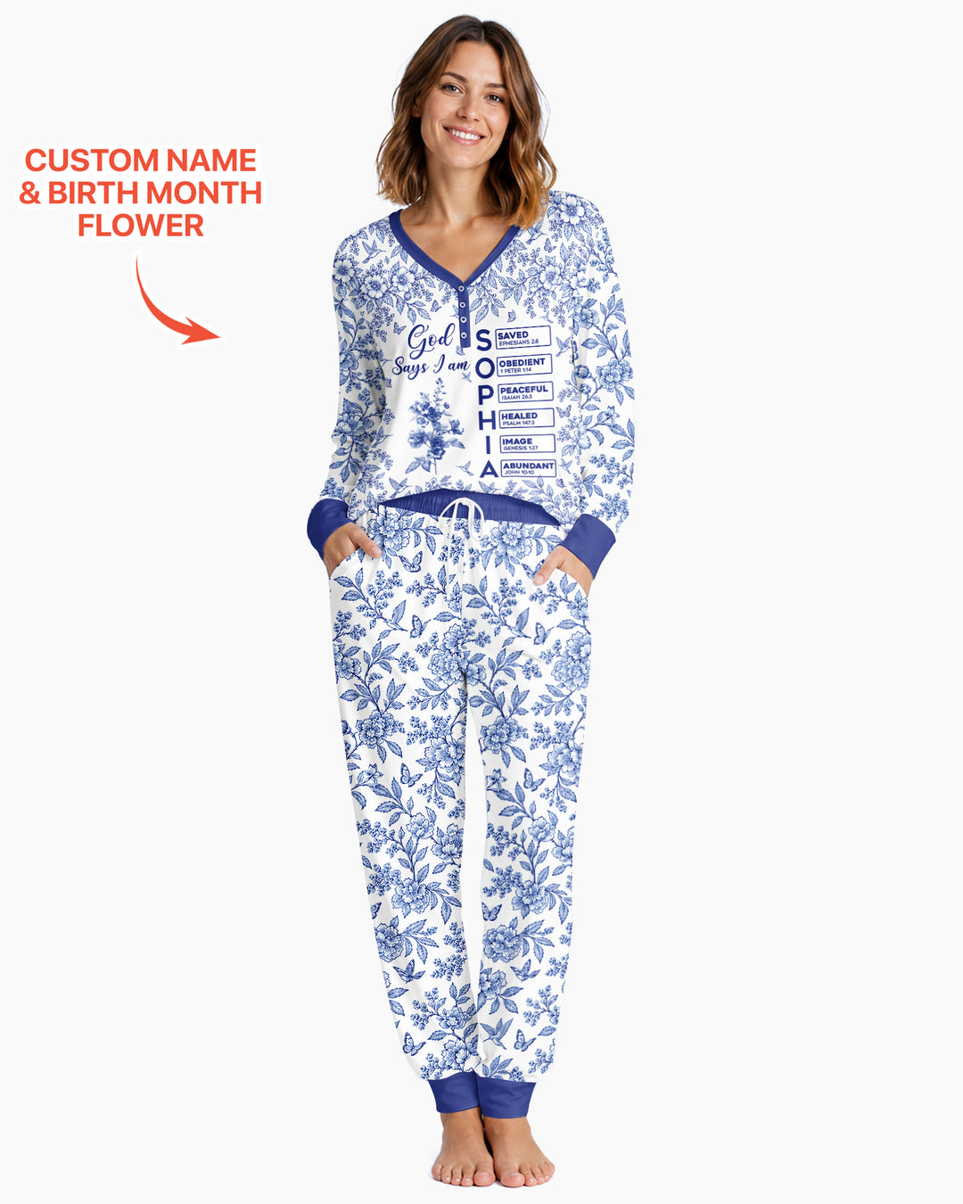 God Says I Am Letter In Bible Birth Flower Toile De Jouy  Bamboo Women Pajama Set