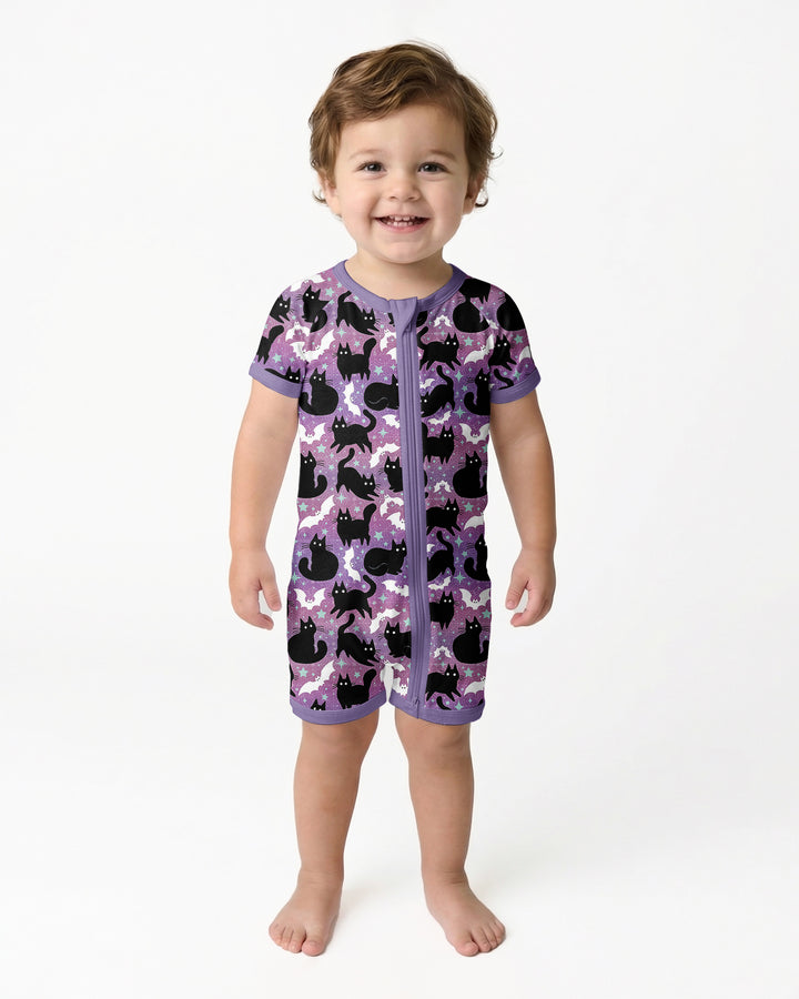 Spooky Black Cat Halloween Purple Bats Bamboo Shorty Zippy