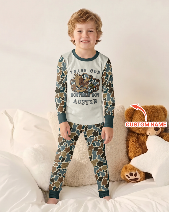 Custom Name Southern Duck Camo Bamboo Two Piece Long Sleeve Pajama Set