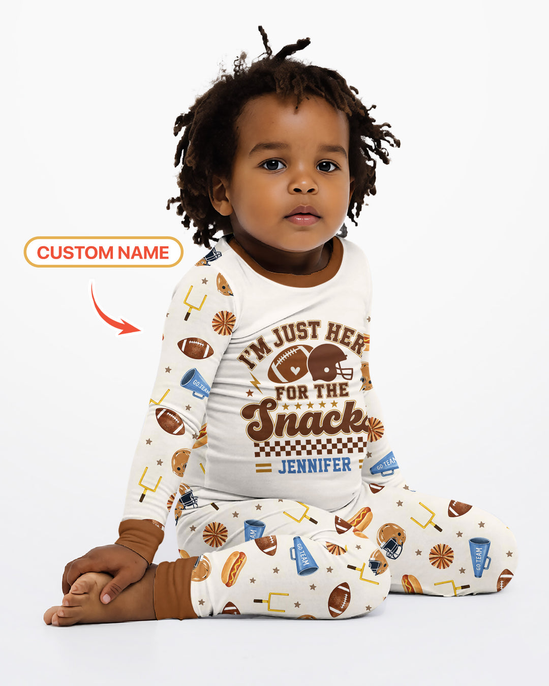 Custom Name Football I'm Just Here For The Snacks Bamboo Two Piece Long Sleeve Pajama Set