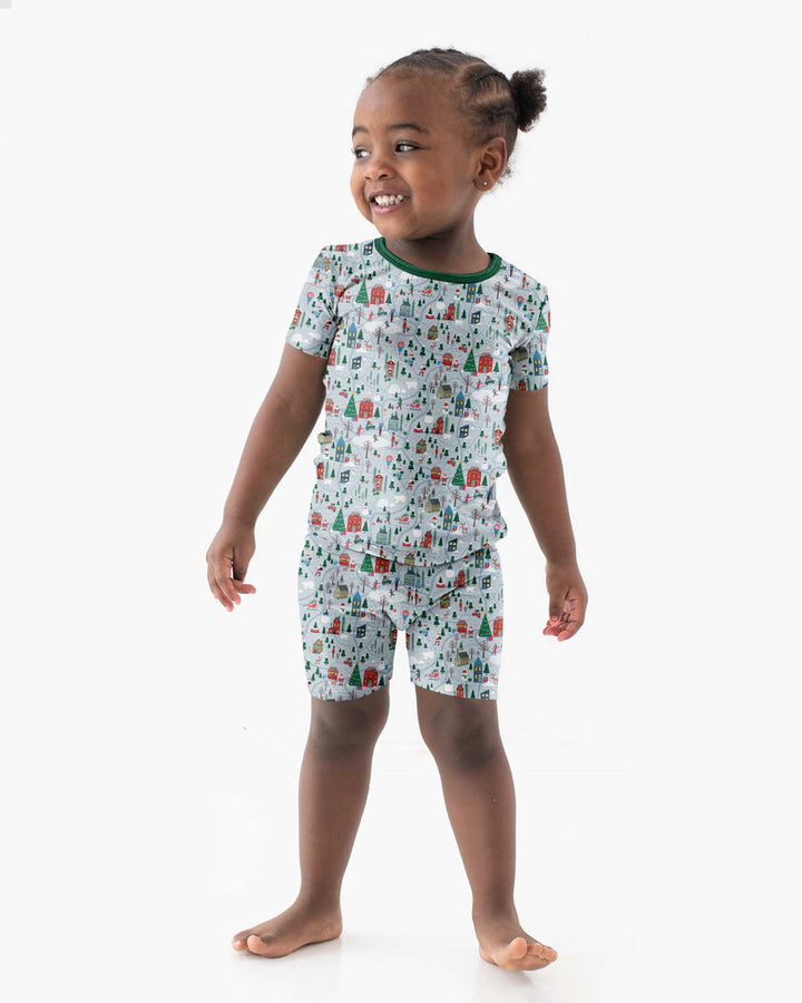 Snowy Christmas Village Map Bamboo Two Piece Short Sleeve Shorts Pajama Set