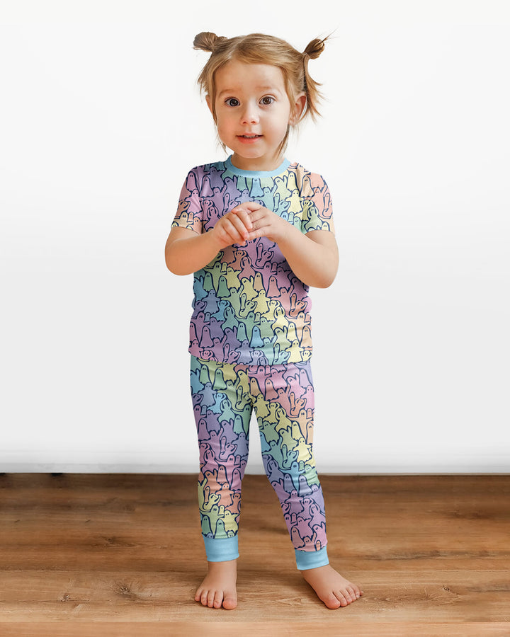 Pastel Rainbow Ghost Halloween Bamboo Two Piece Short Sleeve Pajama Set