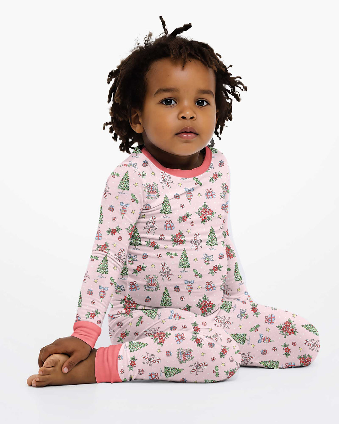Watercolor Pink Christmas Holidays Christmas Tree Gifts Candy Cane Bamboo Two Piece Long Sleeve Pajama Set